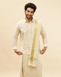 Manyavar Men Cream Traditional South Indian Shirt and Veshti Set