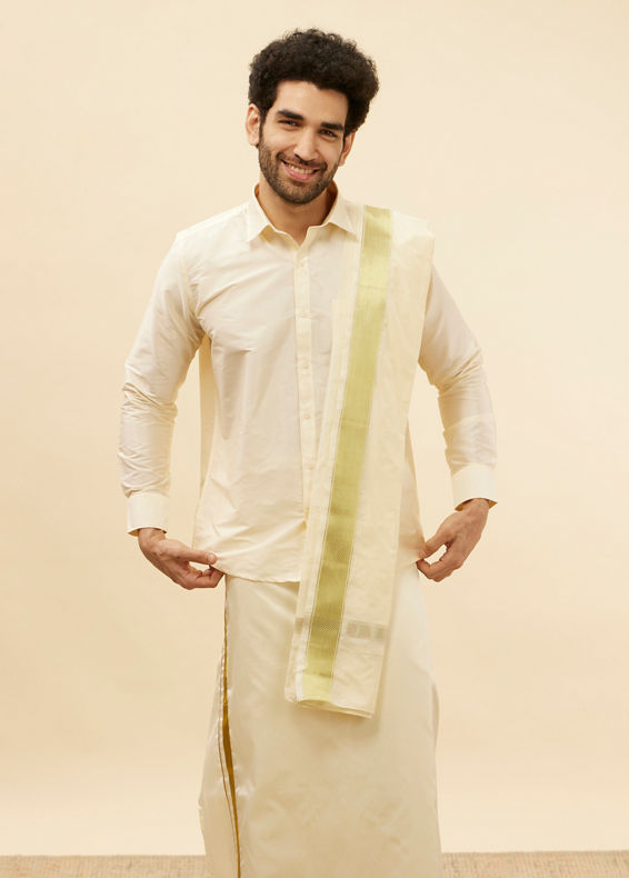 Manyavar Men Cream Traditional South Indian Shirt and Veshti Set