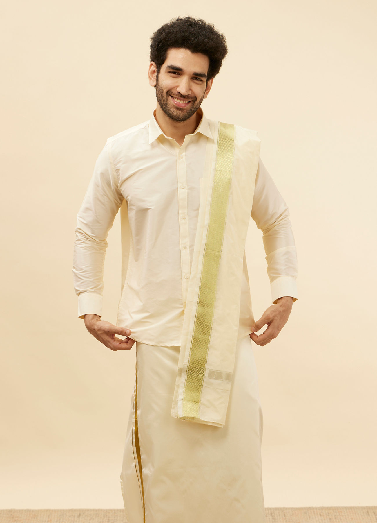 Manyavar Men Cream Traditional South Indian Shirt and Veshti Set