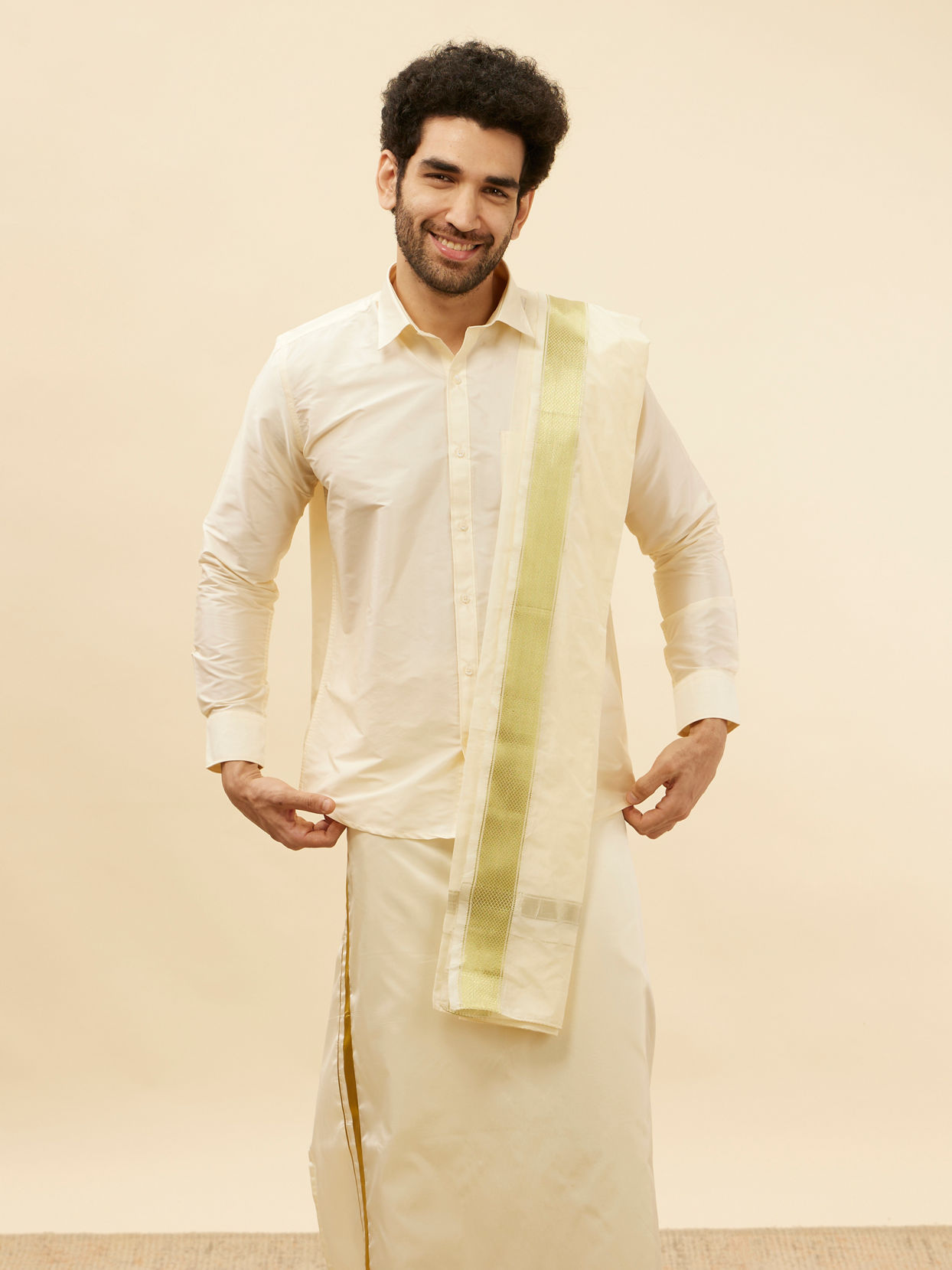Ivory Cream Detailed Traditional South Indian Shirt and Veshti Set image number 0
