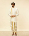 Manyavar Men Cream Beige Self Patterned Kurta Set