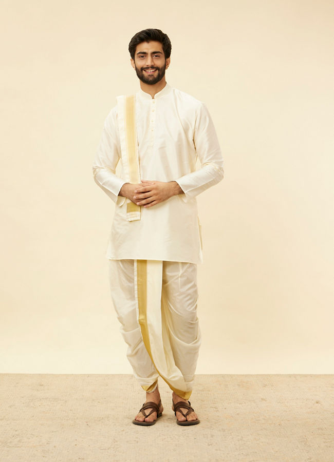 Manyavar Men Cream Beige Self Patterned Kurta Set