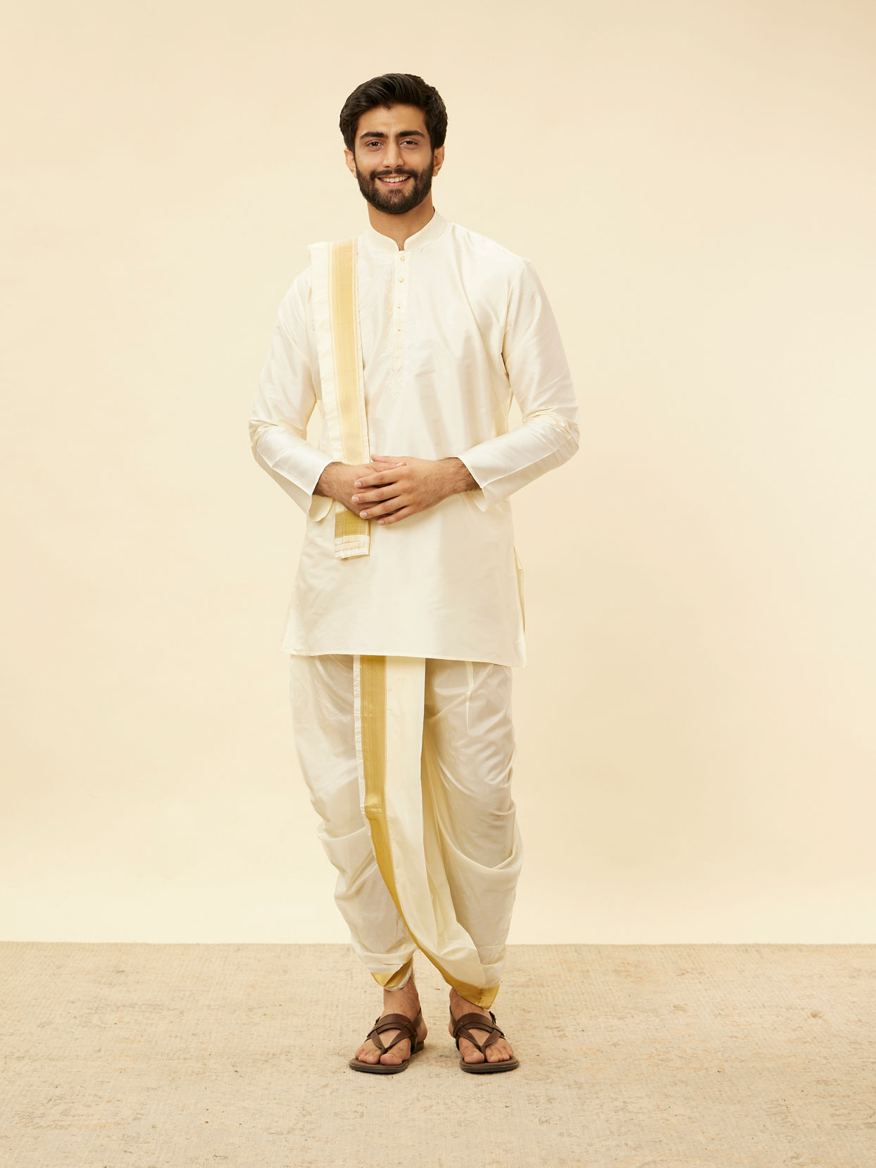 Manyavar Men Cream Beige Self Patterned Kurta Set