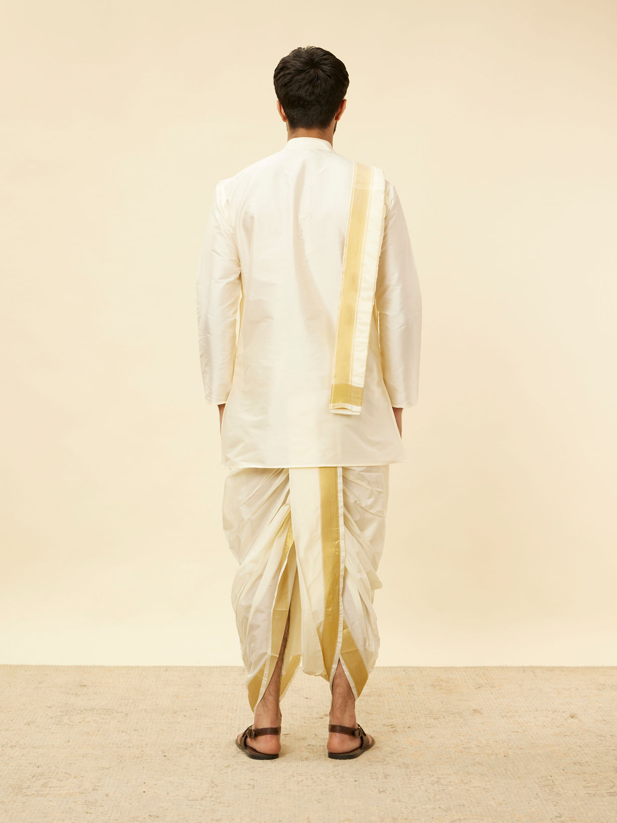 Manyavar Men Cream Beige Self Patterned Kurta Set