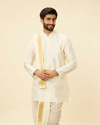 Manyavar Men Cream Beige Self Patterned Kurta Set