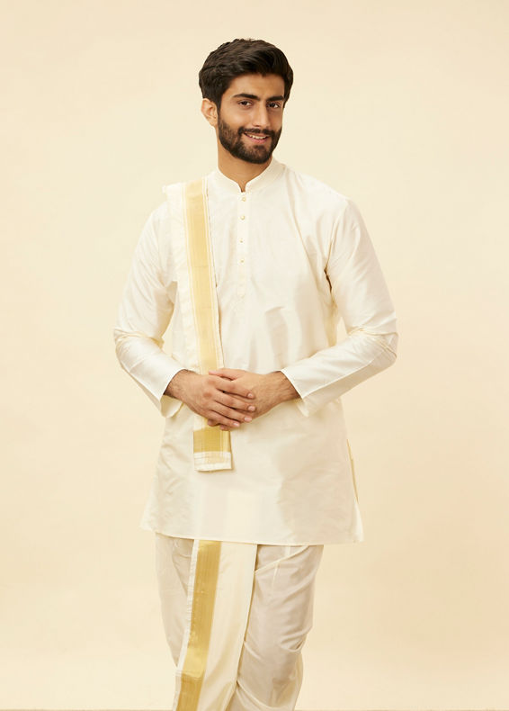 Manyavar Men Cream Beige Self Patterned Kurta Set