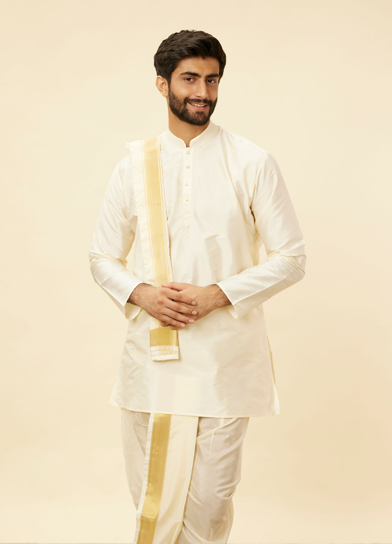 Manyavar Men Cream Beige Self Patterned Kurta Set