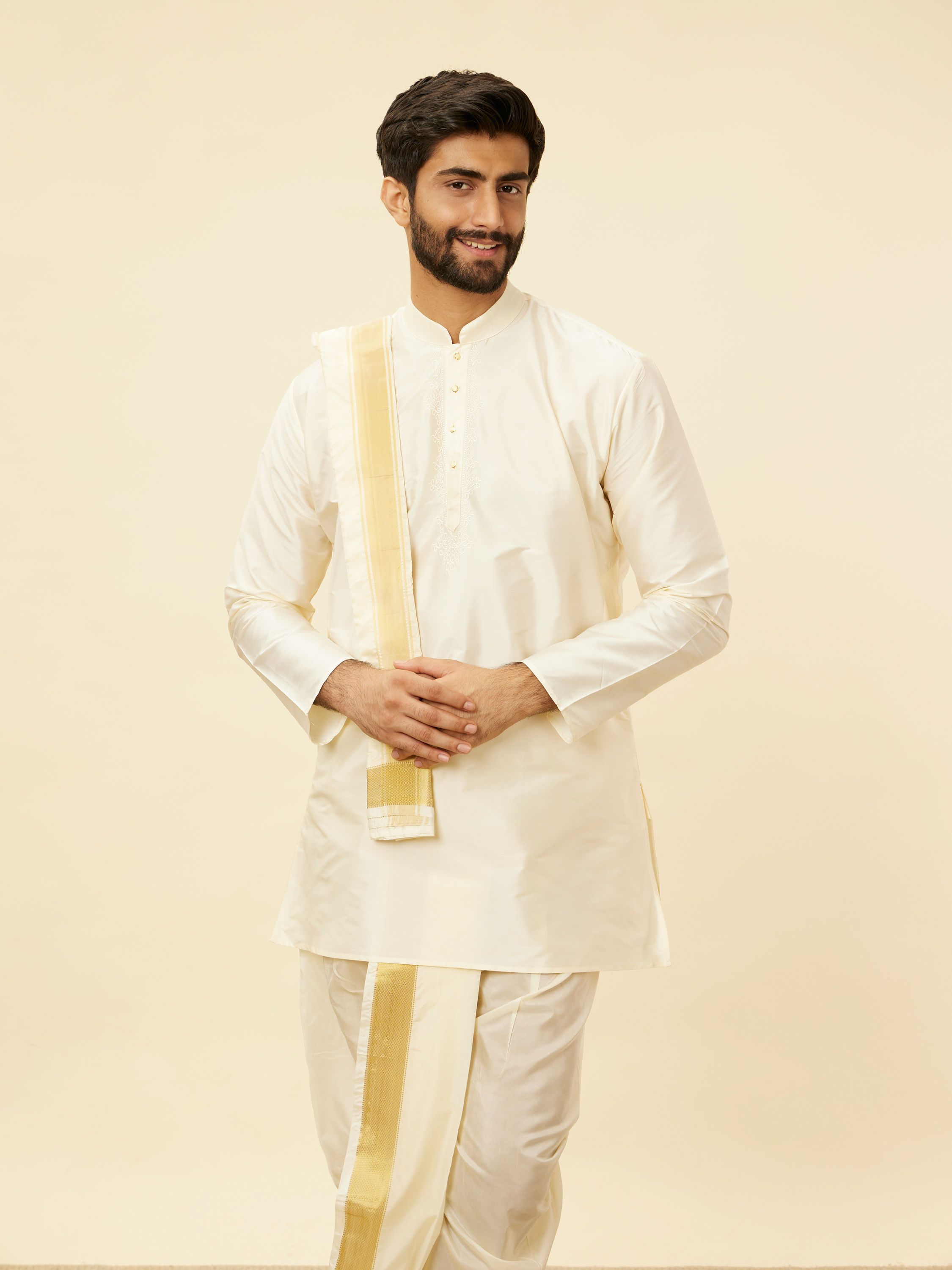 Manyavar Men Cream Beige Self Patterned Kurta Set