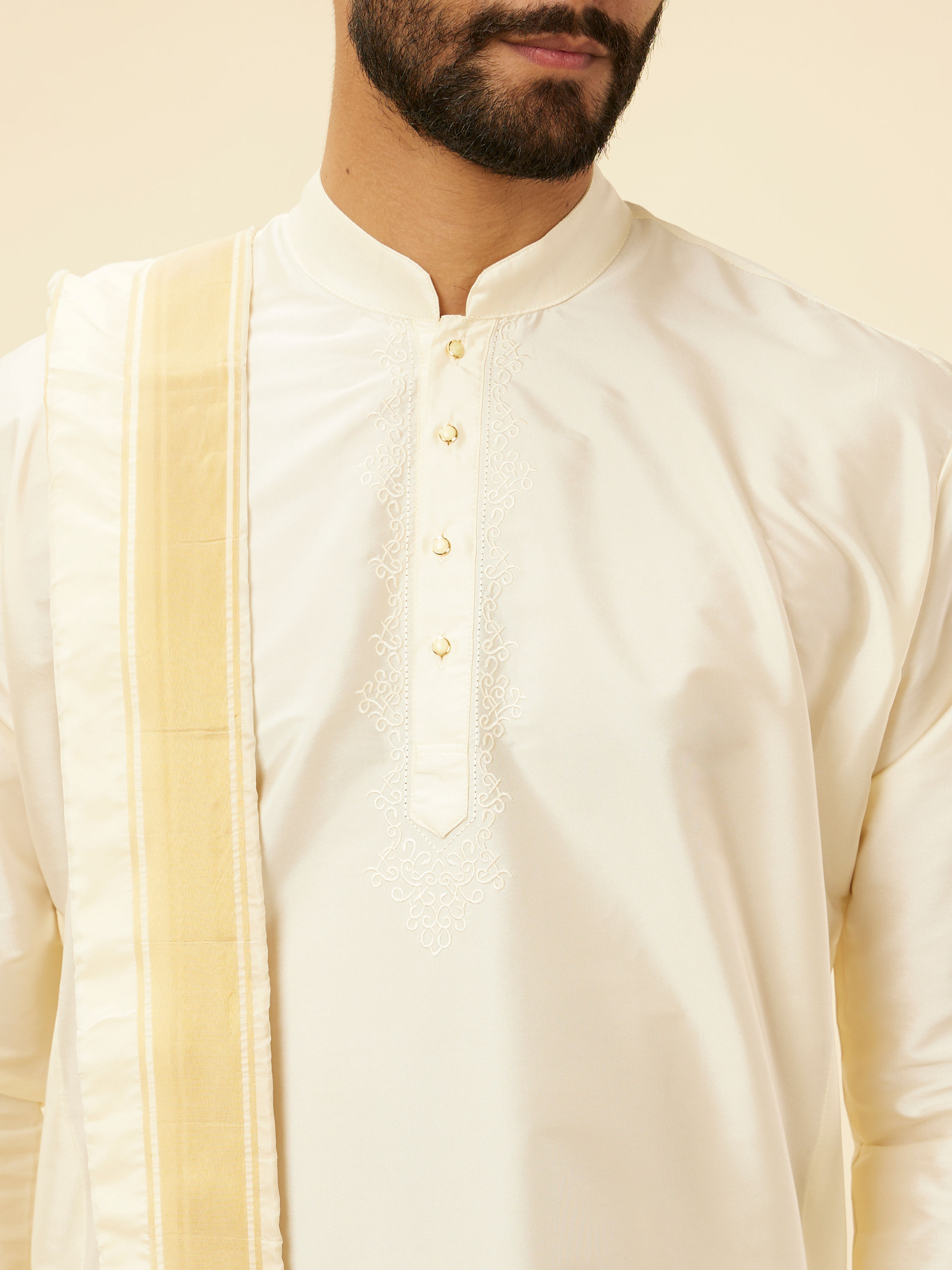 Manyavar Men Cream Beige Self Patterned Kurta Set