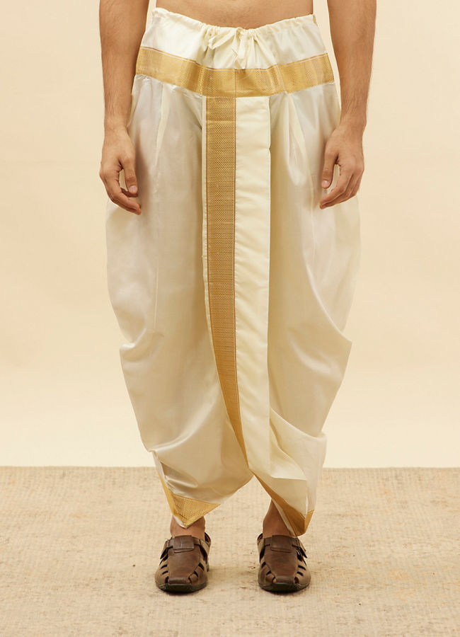 Manyavar Men Bright Cream Zari Bordered Traditional South Indian Pancha Set
