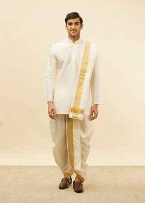 Bright Cream Zari Bordered Traditional South Indian Dhoti Set image number 2