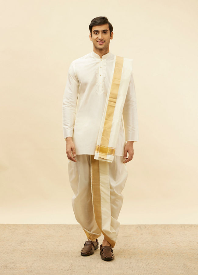 Manyavar Men Bright Cream Zari Bordered Traditional South Indian Pancha Set