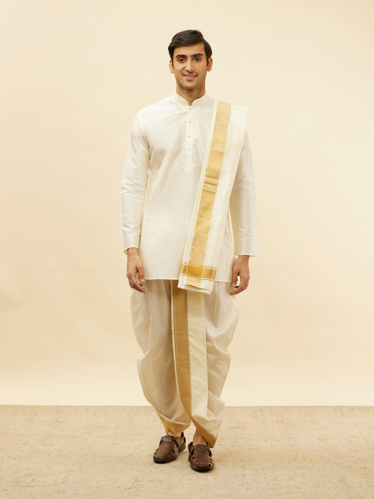Manyavar Men Bright Cream Zari Bordered Traditional South Indian Pancha Set