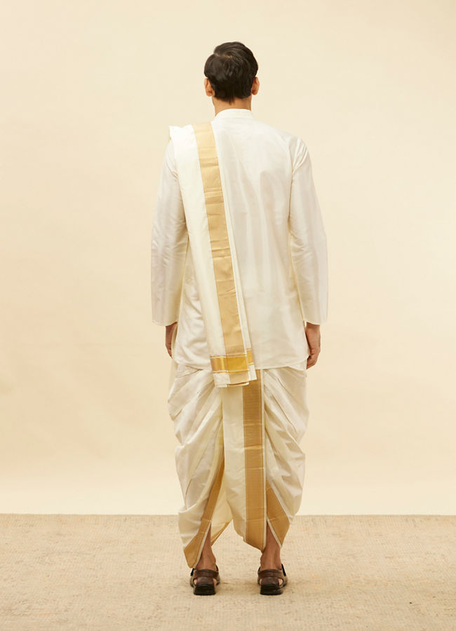 Manyavar Men Bright Cream Zari Bordered Traditional South Indian Pancha Set