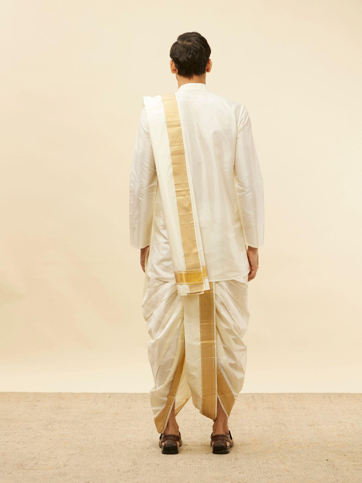 Manyavar Men Bright Cream Zari Bordered Traditional South Indian Pancha Set