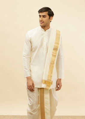 Bright Cream Zari Bordered Traditional South Indian Dhoti Set image number 0