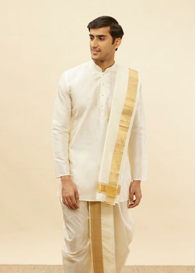 Manyavar Men Bright Cream Zari Bordered Traditional South Indian Pancha Set