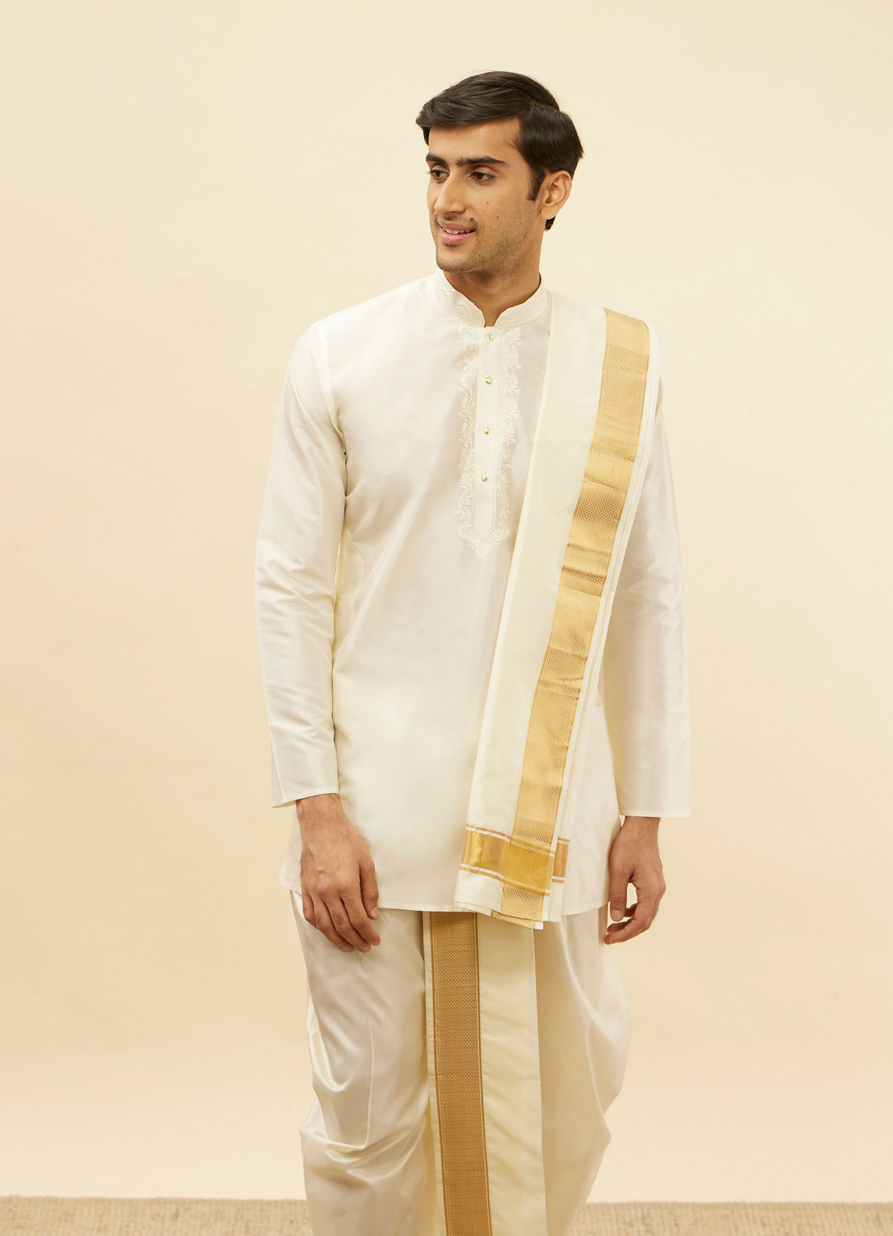 Manyavar Men Bright Cream Zari Bordered Traditional South Indian Pancha Set