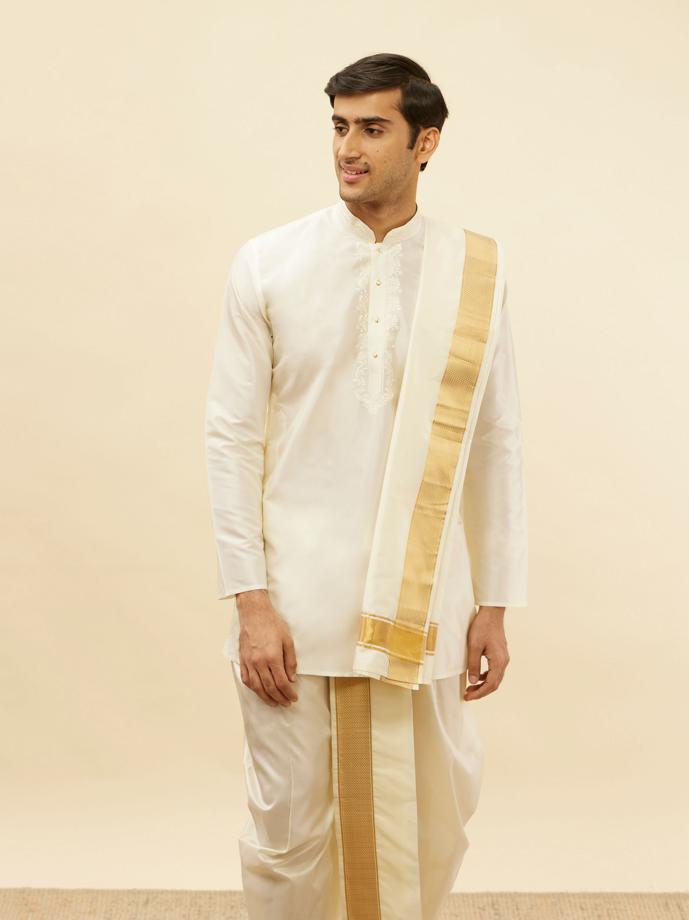 Manyavar Men Bright Cream Zari Bordered Traditional South Indian Pancha Set