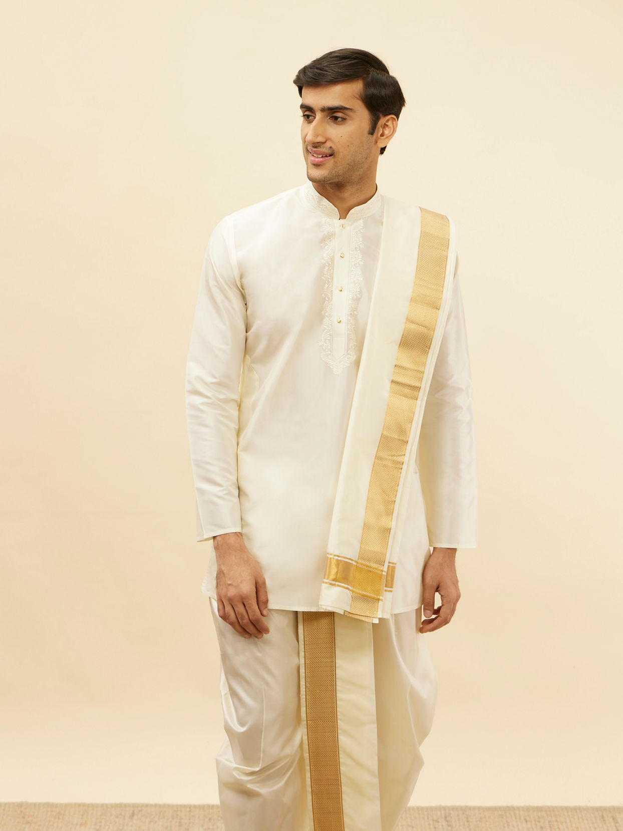Manyavar Men Bright Cream Zari Bordered Traditional South Indian Pancha Set