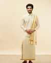 Manyavar Men Bright Cream Detailed Traditional South Indian Shirt and Veshti Set