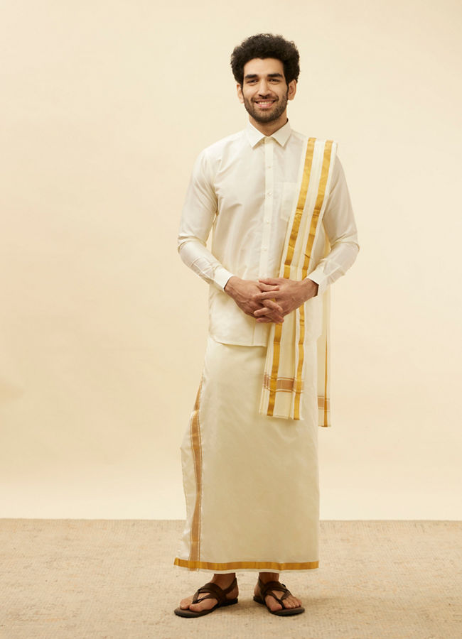 Bright Cream Detailed Traditional South Indian Shirt and Veshti Set image number 2