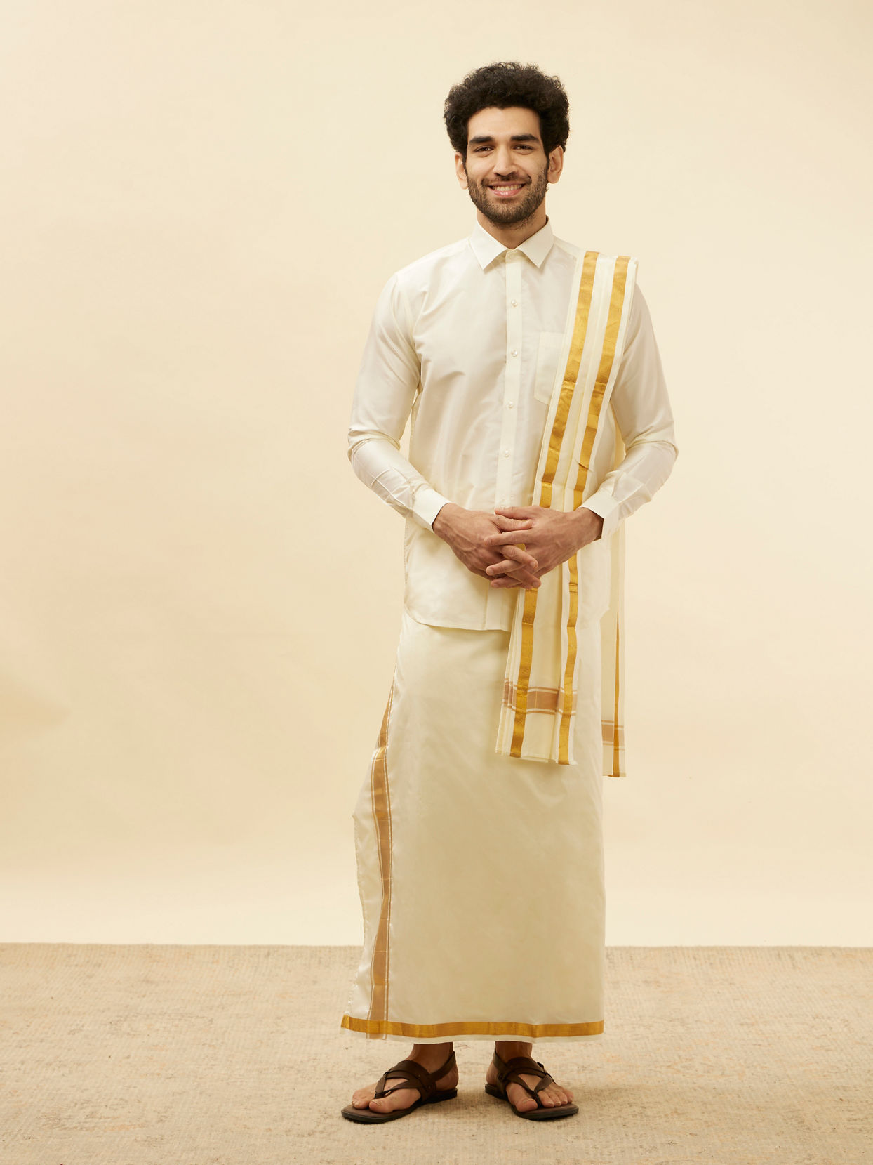 Bright Cream Detailed Traditional South Indian Shirt and Veshti Set image number 2