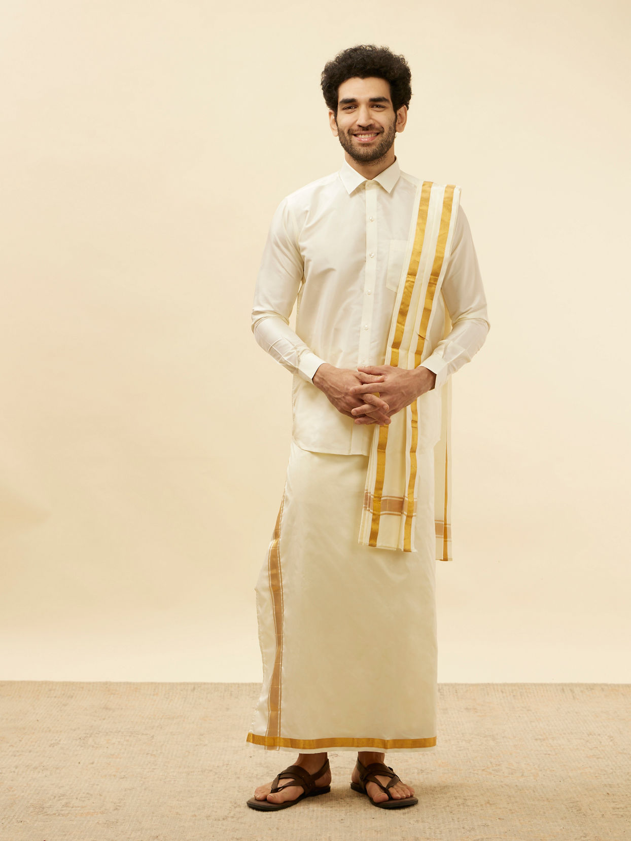 Manyavar Men Bright Cream Detailed Traditional South Indian Shirt and Veshti Set