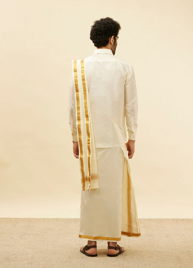 Manyavar Men Bright Cream Detailed Traditional South Indian Shirt and Veshti Set