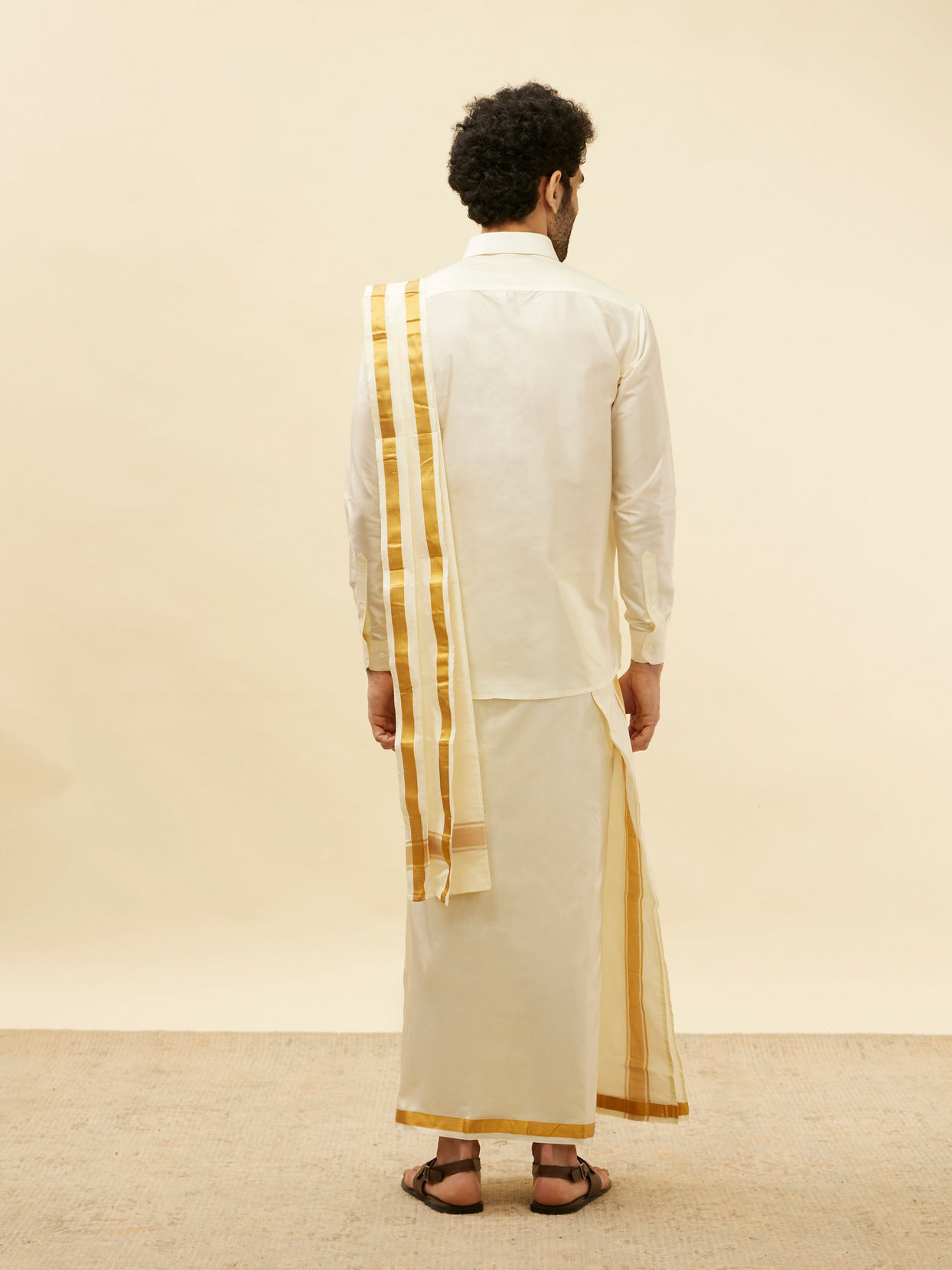 Manyavar Men Bright Cream Detailed Traditional South Indian Shirt and Veshti Set