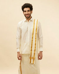 alt message - Manyavar Men Bright Cream Detailed Traditional South Indian Shirt and Veshti Set image number 0