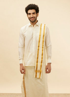 alt message - Manyavar Men Bright Cream Detailed Traditional South Indian Shirt and Veshti Set image number 0