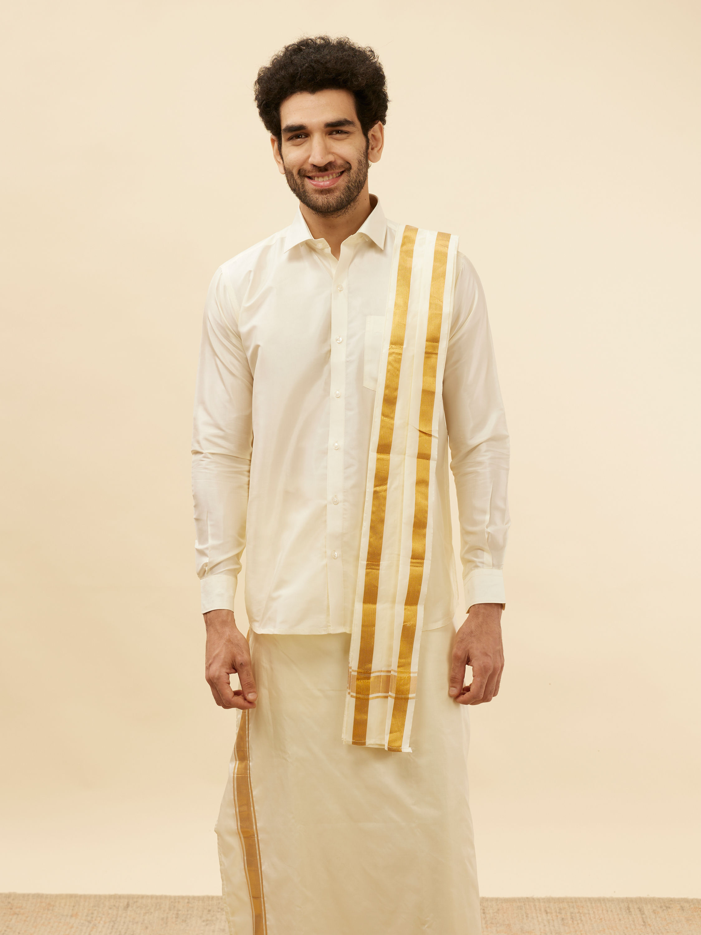 Manyavar Men Bright Cream Detailed Traditional South Indian Shirt and Veshti Set