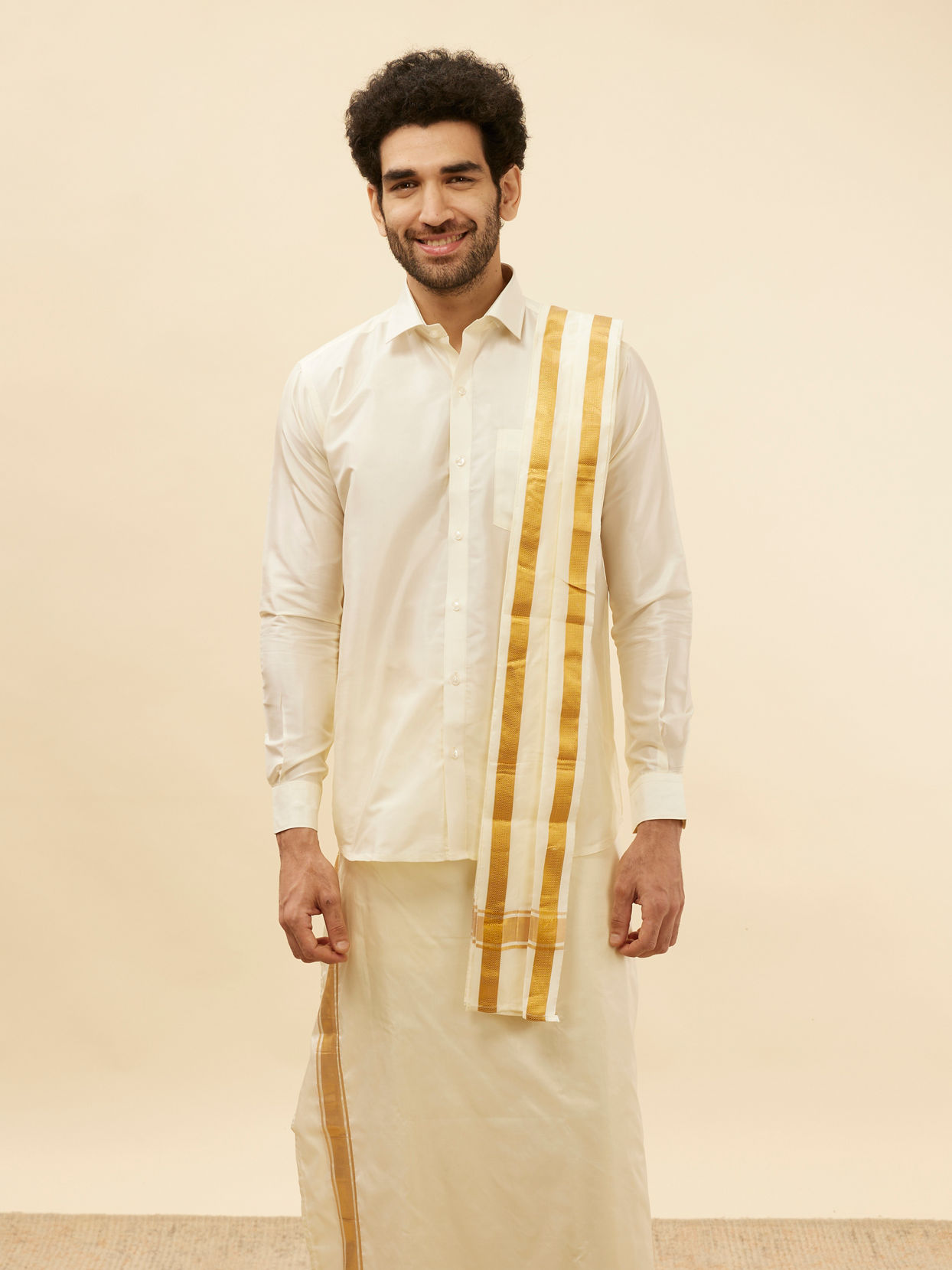 Bright Cream Detailed Traditional South Indian Shirt and Veshti Set image number 0