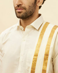 Manyavar Men Bright Cream Detailed Traditional South Indian Shirt and Veshti Set