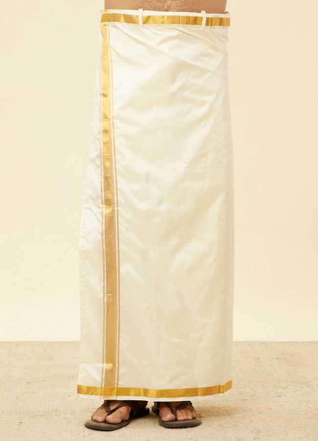 Bright Cream Detailed Traditional South Indian Shirt and Veshti Set image number 3
