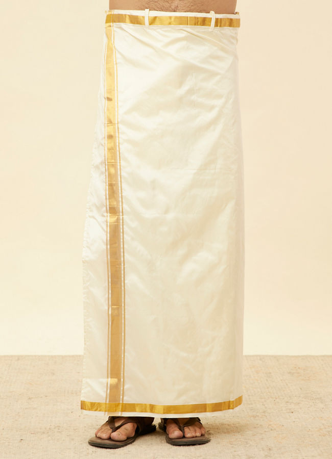 Manyavar Men Bright Cream Detailed Traditional South Indian Shirt and Veshti Set