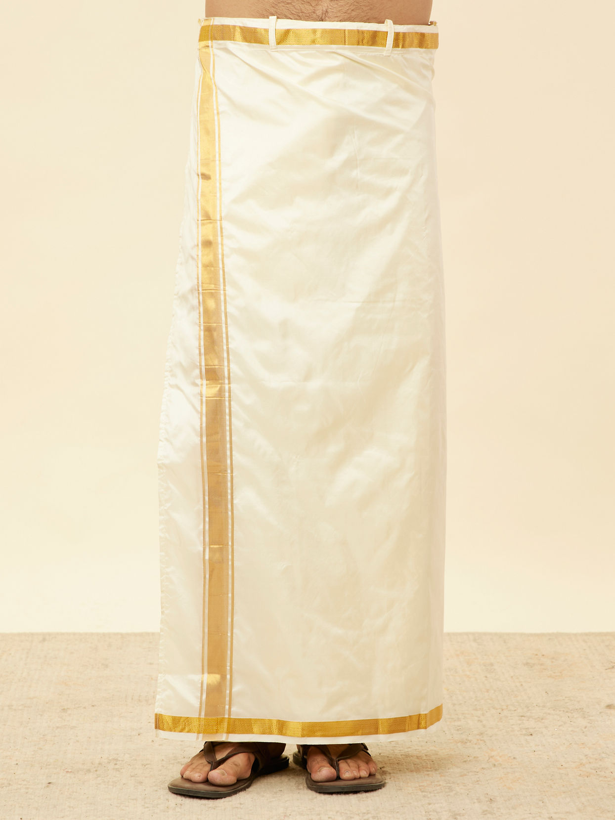 Manyavar Men Bright Cream Detailed Traditional South Indian Shirt and Veshti Set