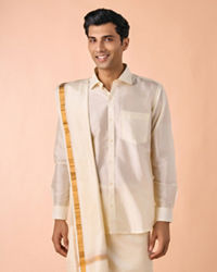 Manyavar Men Bright Cream Detailed Traditional South Indian Shirt and Veshti Set