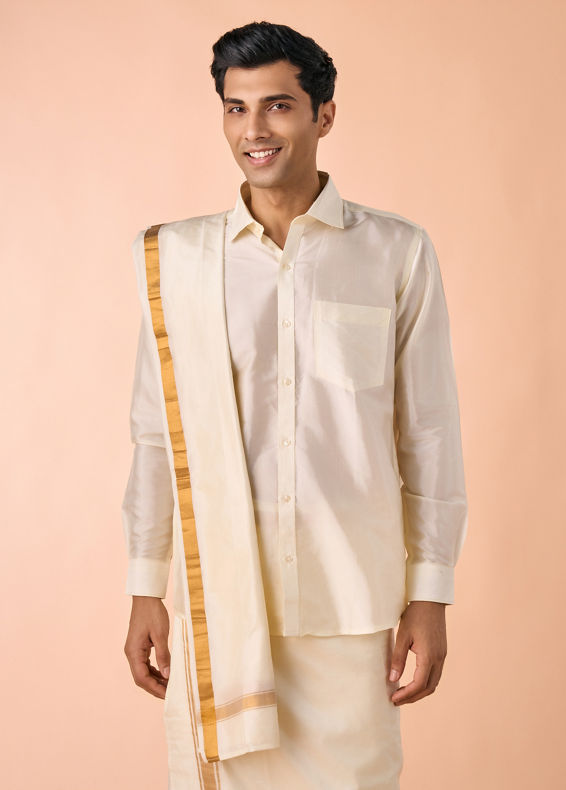 Manyavar Men Bright Cream Detailed Traditional South Indian Shirt and Veshti Set