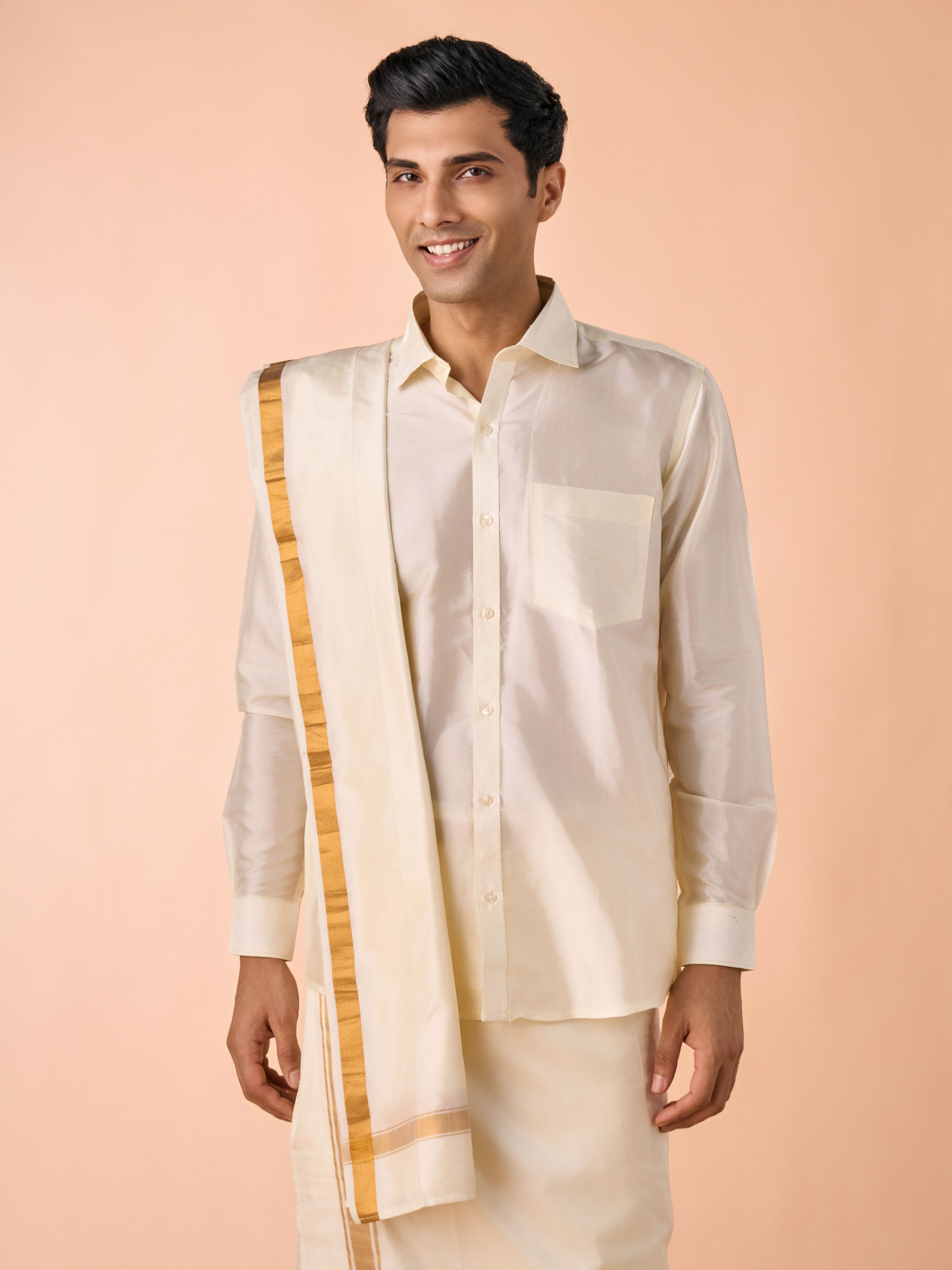 Manyavar Men Bright Cream Detailed Traditional South Indian Shirt and Veshti Set