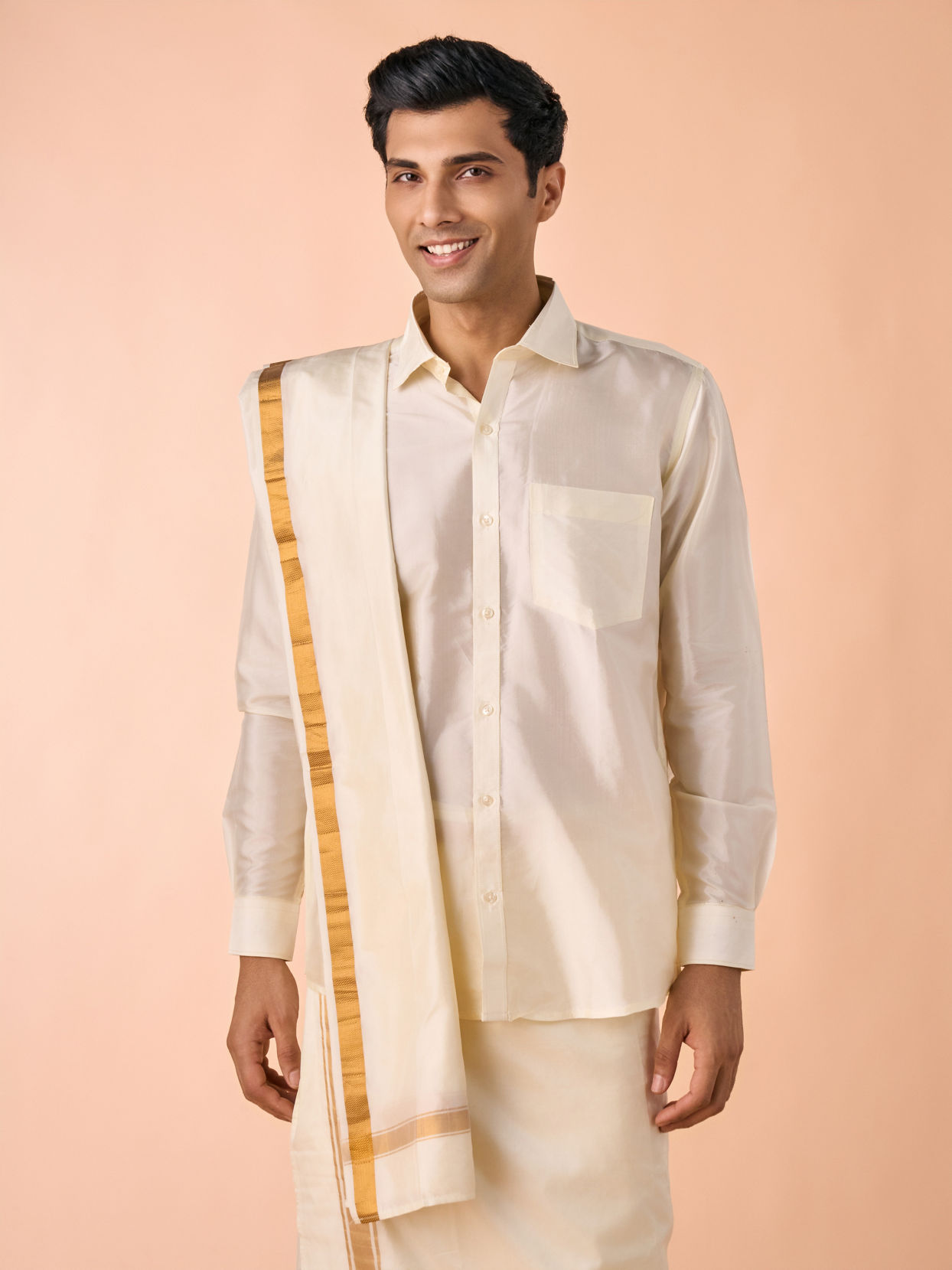 Manyavar Men Bright Cream Detailed Traditional South Indian Shirt and Veshti Set