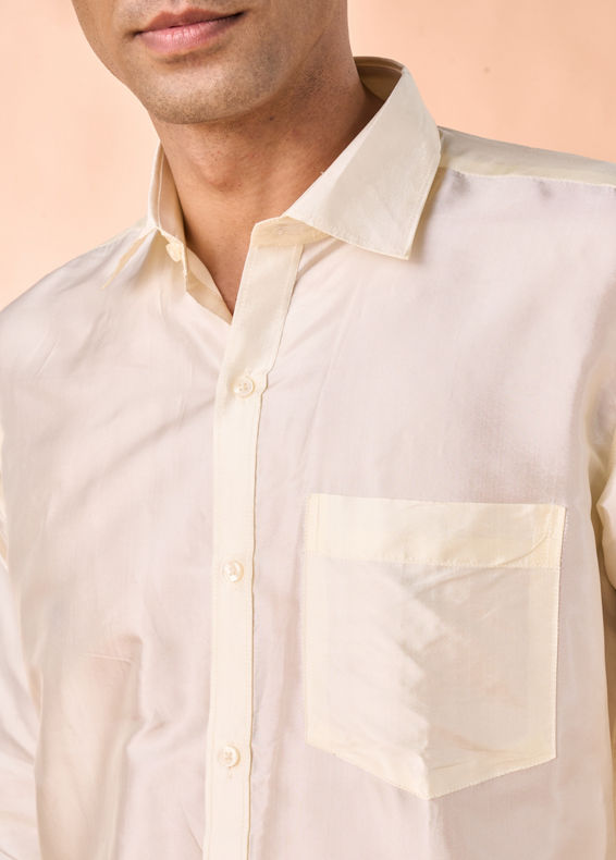 Manyavar Men Bright Cream Detailed Traditional South Indian Shirt and Veshti Set