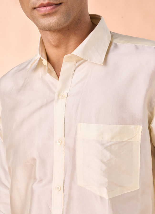 Manyavar Men Bright Cream Detailed Traditional South Indian Shirt and Veshti Set