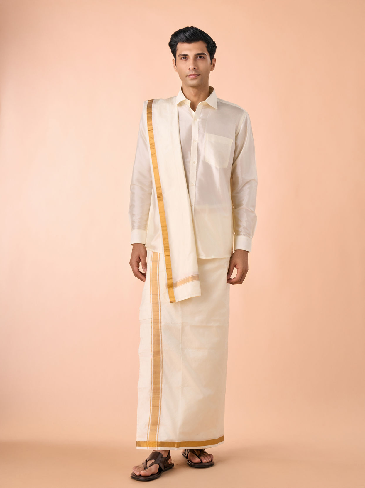 Manyavar Men Bright Cream Detailed Traditional South Indian Shirt and Veshti Set