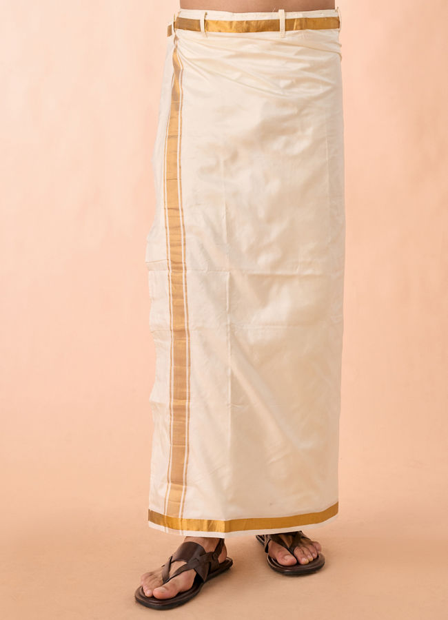Manyavar Men Bright Cream Detailed Traditional South Indian Shirt and Veshti Set