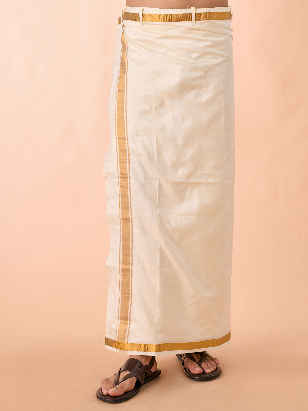 Manyavar Men Bright Cream Detailed Traditional South Indian Shirt and Veshti Set