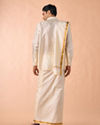 Manyavar Men Bright Cream Detailed Traditional South Indian Shirt and Veshti Set