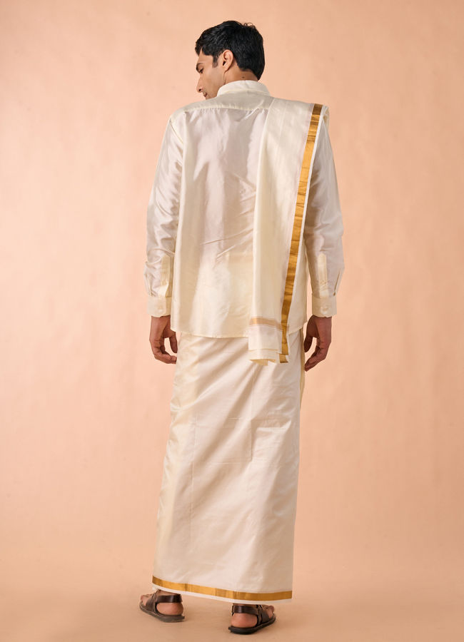 Manyavar Men Bright Cream Detailed Traditional South Indian Shirt and Veshti Set