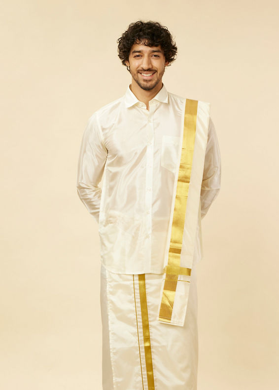 Manyavar Men Bright Cream Detailed Traditional South Indian Shirt and Veshti Set